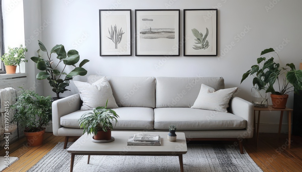 Fototapeta premium Modern Living Room Interior Design with Plants Sofa