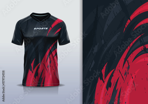 T-shirt mockup abstract texture grunge texture curve line sport jersey design for football, soccer, racing, esports, running, in red black color