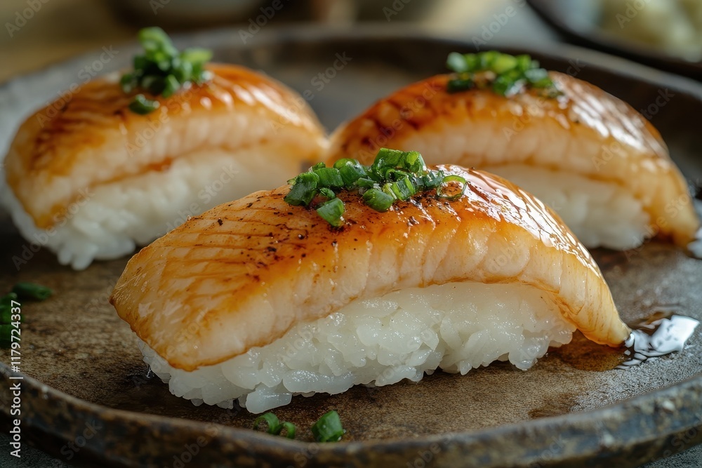 Close up of appealing nigiri sushi on a table showcasing vinegared rice with fish Includes Sake Ebi and Unagi varieties Fresh cuisine idea Close up of appealing nigiri sushi on a table showcasing vinegared rice with fish Includes Sake Ebi and Unagi varieties Fresh cuisine idea