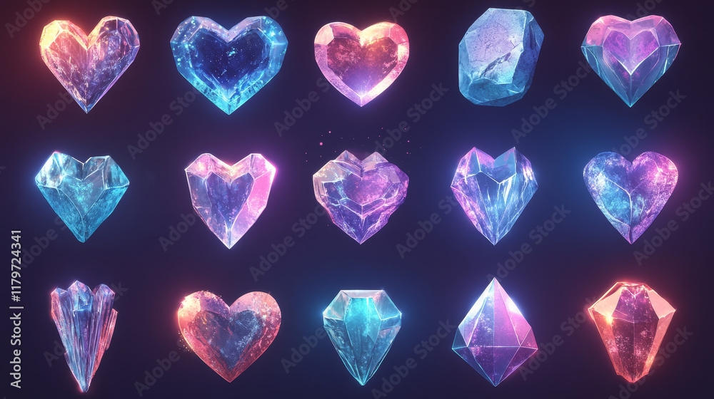 Fototapeta premium Red magic crystals, glass or gem stones, heart and stalagmites, faceted and rough glowing rocks, isolated crystalline mineral. Jewelry precious or semiprecious gemstones, Realistic 3d vector icons set