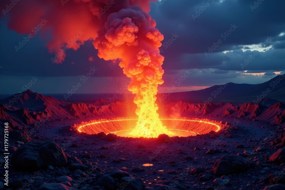Fototapeta premium Night eruption, glowing lava bursts from crater , hazard, natural phenomenon
