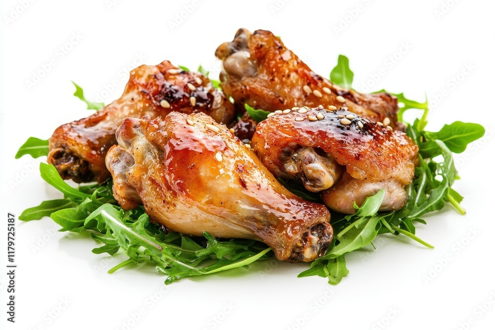 Close up of teriyaki coated chicken wings with sesame and greens on a white backdrop Asian inspired dish Close up of teriyaki coated chicken wings with sesame and greens on a white backdrop Asian inspired dish