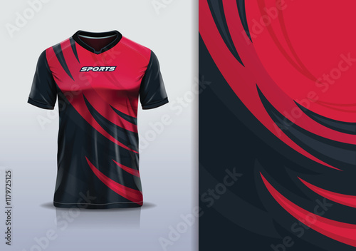 T-shirt mockup abstract curve line sport jersey design for football, soccer, racing, esports, running, in red black color