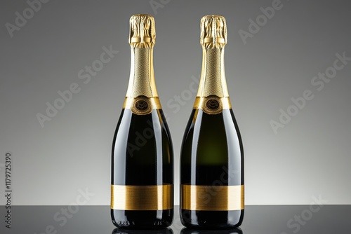 Close up of two unlabelled champagne bottles of varying sizes with studio reflections photo