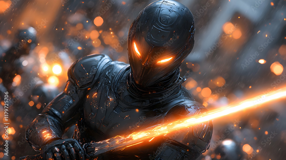 Cybernetic soldier wielding energy sword in fiery battle; futuristic dystopian war scene Cybernetic soldier wielding energy sword in fiery battle; futuristic dystopian war scene