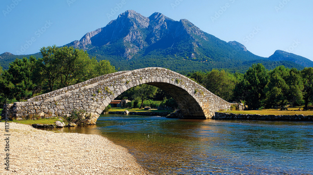 Stone Arch Bridge over River, Majestic Mountain View. Serene Nature Photography, Summer Landscape Stone Arch Bridge over River, Majestic Mountain View. Serene Nature Photography, Summer Landscape