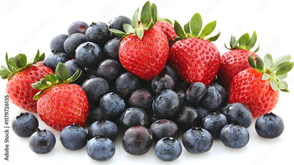 A vibrant mix of fresh strawberries and blueberries, glistening with moisture. The red and blue hues create a delicious contrast against a bright white background. A vibrant mix of fresh strawberries and blueberries, glistening with moisture. The red and blue hues create a delicious contrast against a bright white background.