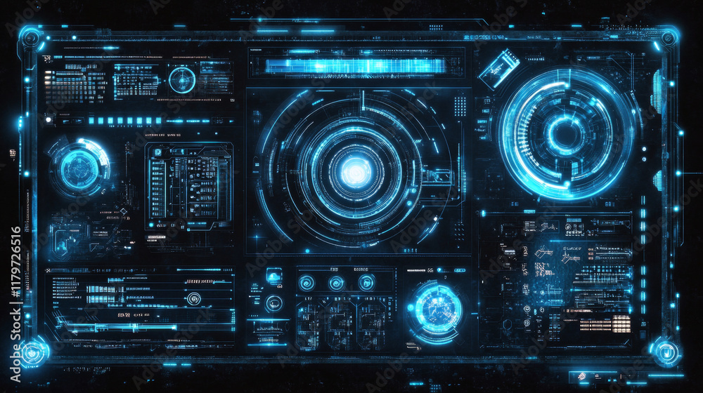 Futuristic tech game ui frames with glowing neon blue line on black background. User interfaces gaming overlays or sci fi visual hud elements. Circular and rectangular borders with digital details. Futuristic tech game ui frames with glowing neon blue line on black background. User interfaces gaming overlays or sci fi visual hud elements. Circular and rectangular borders with digital details.