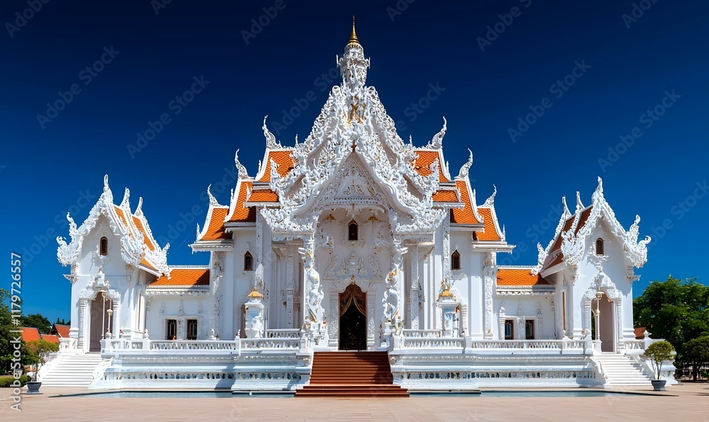 Fototapeta premium Vibrant Thai Temple Celebration, a beautifully adorned temple showcasing intricate decorations for a traditional water festival, rich cultural heritage on display