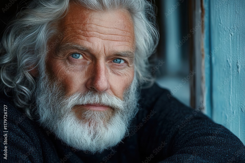 weathered portrait of distinguished scandinavian elder with flowing silver hair and rugged beard capturing wisdom and nordic heritage in natural light weathered portrait of distinguished scandinavian elder with flowing silver hair and rugged beard capturing wisdom and nordic heritage in natural light