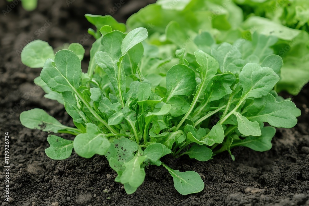 Closeup of young arugula seedlings in soil Closeup of young arugula seedlings in soil