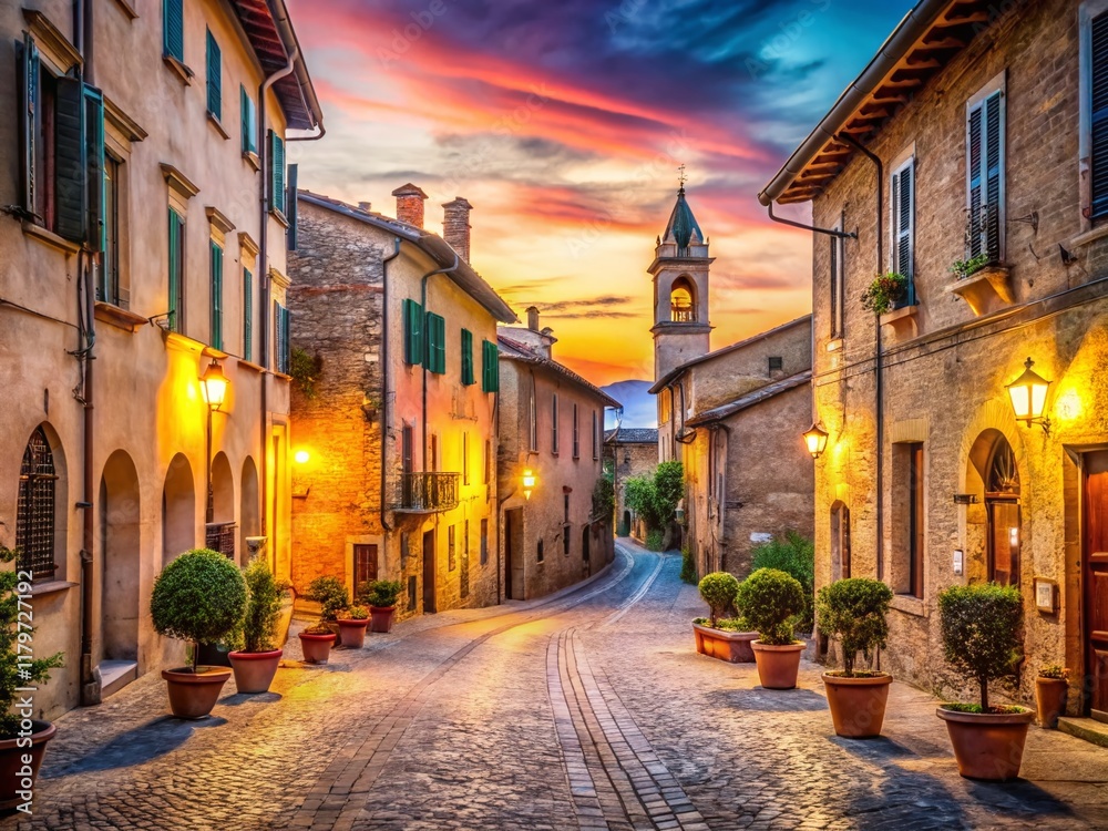 Naklejka premium Long Exposure of Charming Rural Town in Emilia-Romagna, Italy at Dusk