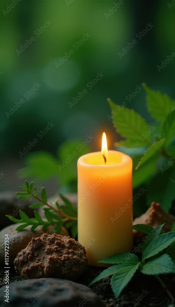 Softly glowing golden candle light amidst lush greenery, soft light, nature, peaceful Softly glowing golden candle light amidst lush greenery, soft light, nature, peaceful