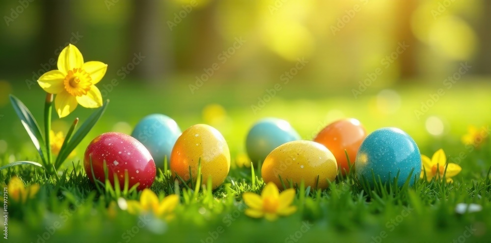 Speckled and hand-painted eggs scattered on a sunlit patch of grass with daffodils , spring flowers, colorful Speckled and hand-painted eggs scattered on a sunlit patch of grass with daffodils , spring flowers, colorful