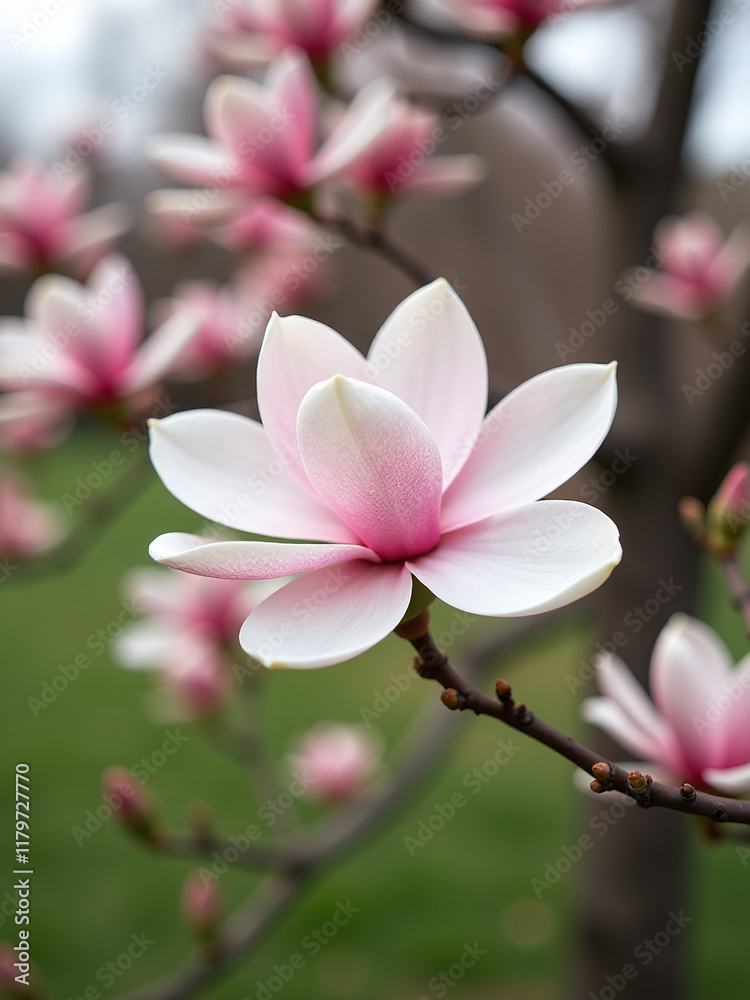 Fototapeta premium A Blooming Spring Magnolia Tree Provides A Beautiful, Natural Setting For An Effortless Yet Elegant Floral Backdrop Everywhere Outside. 00001