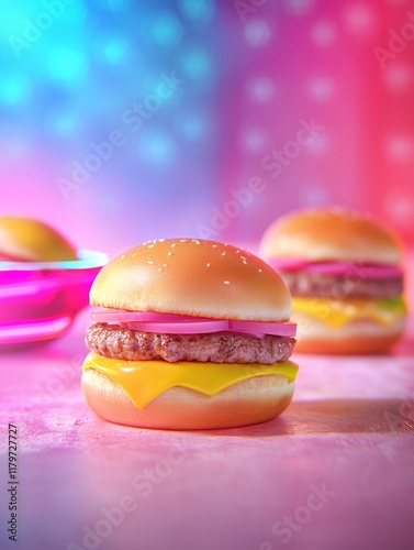 Delicious cheeseburger close-up vibrant studio setting food photography colorful background playful mood photo