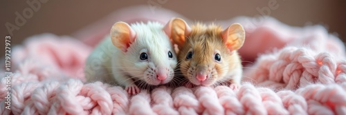 Two miniature rats resting on a pastel knitted throw , fluffy, cozy