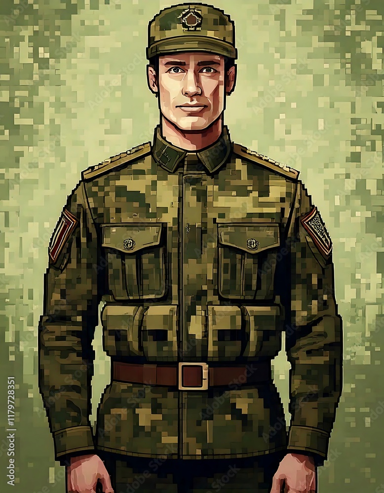Pixelated representation of a Ukrainian soldier in army uniform with a repeating background. Generative AI Pixelated representation of a Ukrainian soldier in army uniform with a repeating background. Generative AI