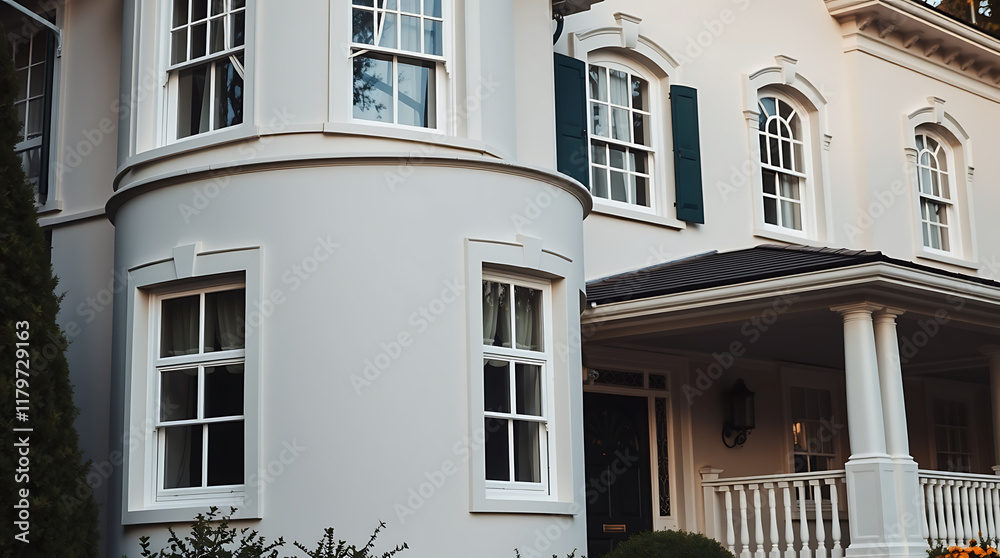 Obraz premium Exterior View of a Large House with Multi-Paned Windows and Porch