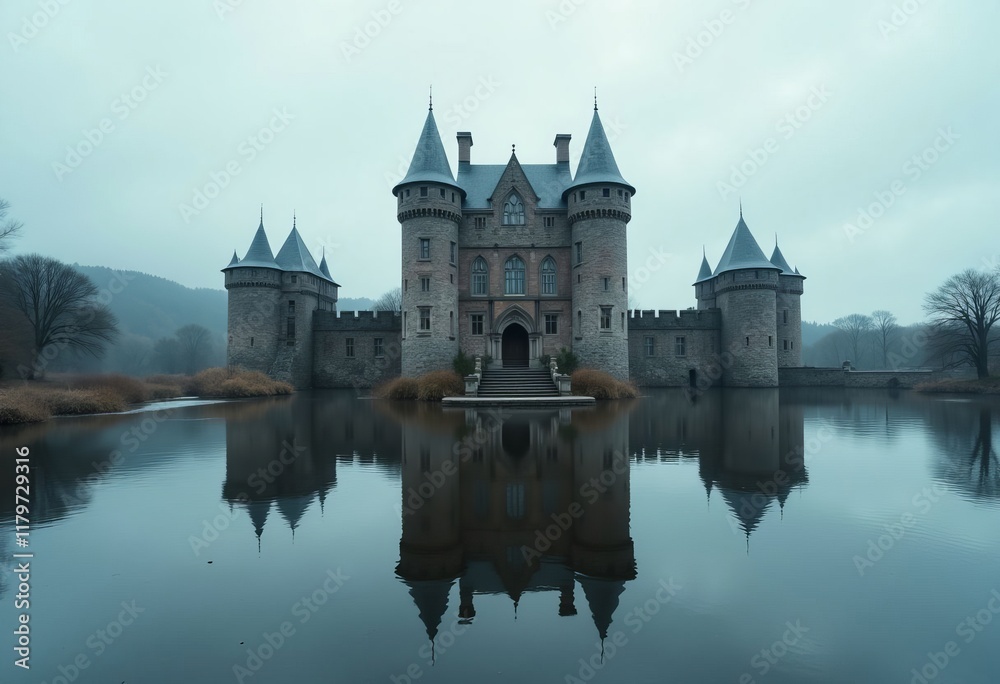 Castle with towers and reflection in still water Castle with towers and reflection in still water