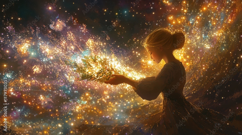 Naklejka premium Woman Offers Glowing Plants Amidst Starry Cosmos