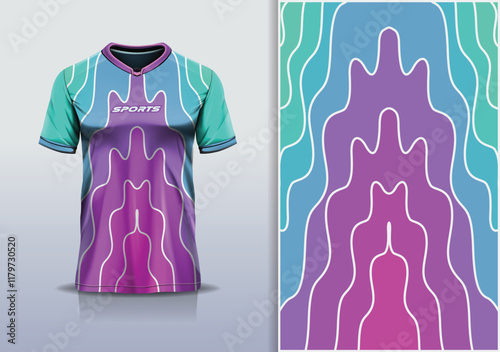 T-shirt mockup abstract wave line jersey design for football, soccer, racing, esports, running, in green purple pastel color