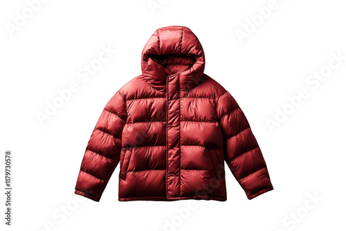 Blank winter coat template. Thick puffer coat with a hood for warmth during cold weather. Transparent background.
