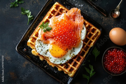 Cream cheese smoked salmon egg and red caviar in a waffle sandwich Dark backdrop Bird s eye perspective photo