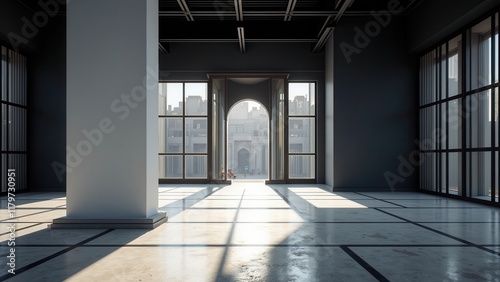 Wallpaper Mural Stunning entranceway opens to a gleaming white building, set against a dramatic backdrop. Dark floor tiles and a central pillar create a striking contrast Torontodigital.ca