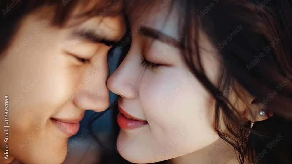 portrait of beautiful asian couple kissing