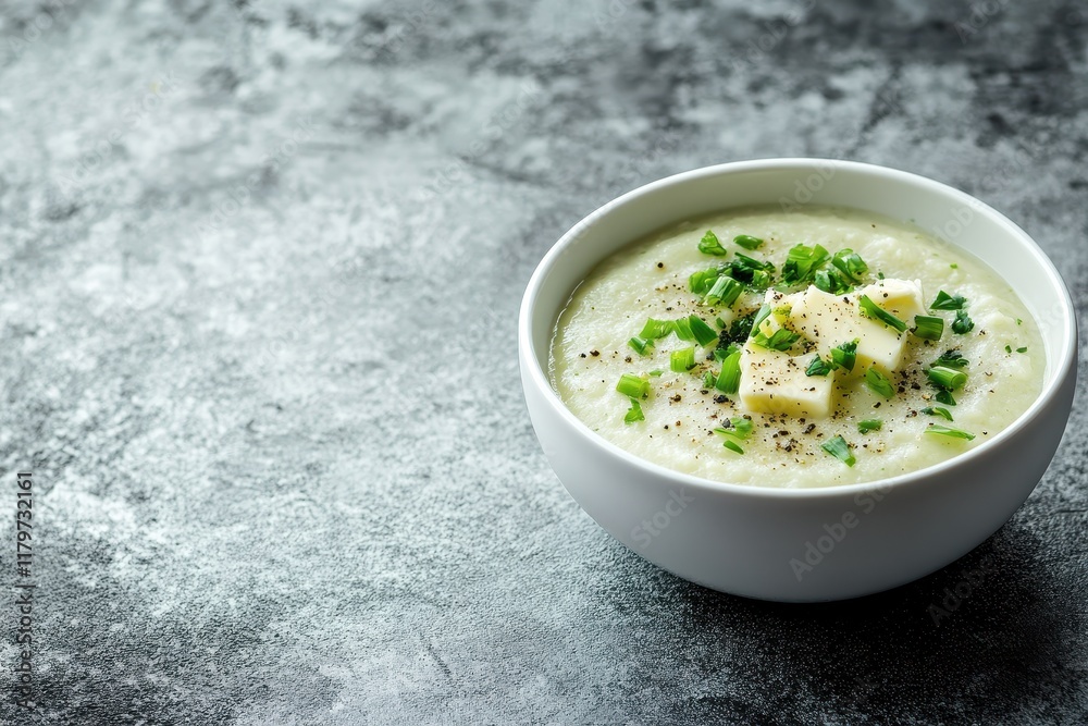 Creamy cauliflower with butter and green onions in a white bowl on gray concrete Nutritious dish Empty space Creamy cauliflower with butter and green onions in a white bowl on gray concrete Nutritious dish Empty space