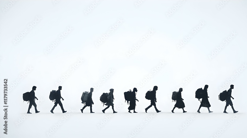 Silhouette of Refugees Journeying, a poignant depiction of resilience, shadows of individuals traversing a stark white backdrop, evoking hope and struggle. Silhouette of Refugees Journeying, a poignant depiction of resilience, shadows of individuals traversing a stark white backdrop, evoking hope and struggle.