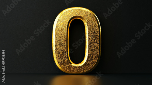 Golden number zero, textured surface, dark background.