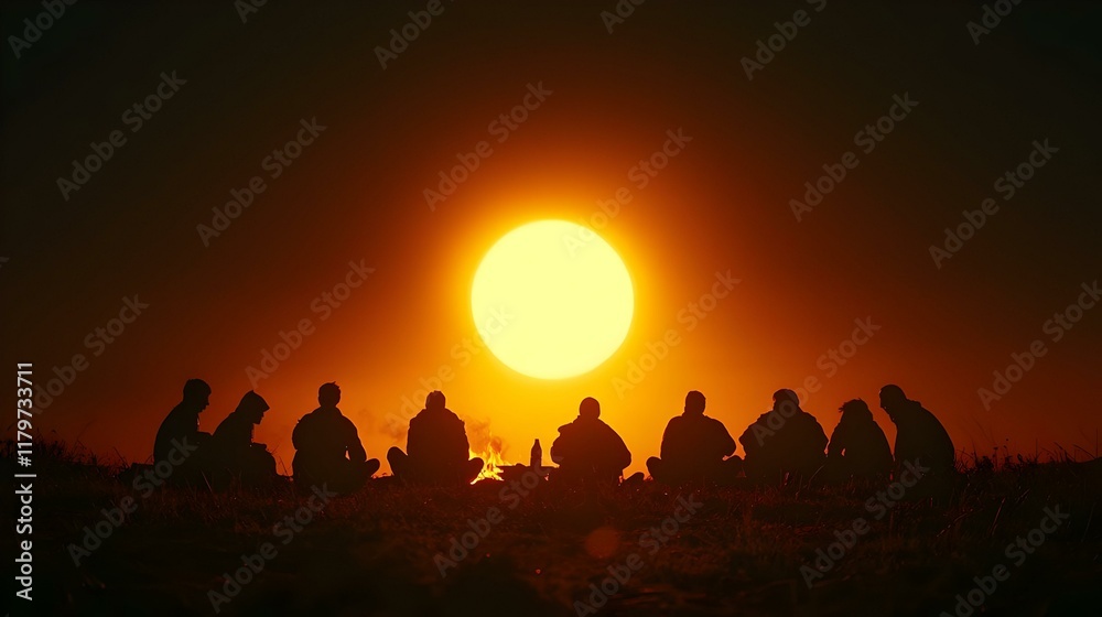 Fototapeta premium Silhouetted Revelry, a vibrant celebration of Slavic culture, people joyfully dancing against a sunset backdrop, festive atmosphere, unity in tradition