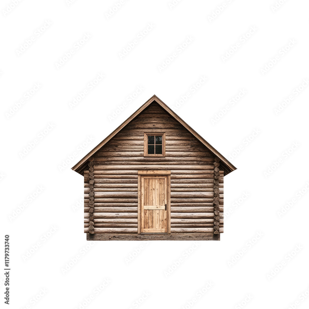 Rustic wooden cabin with a symmetrical facade, sloped roof, and large front door on a white background Rustic wooden cabin with a symmetrical facade, sloped roof, and large front door on a white background