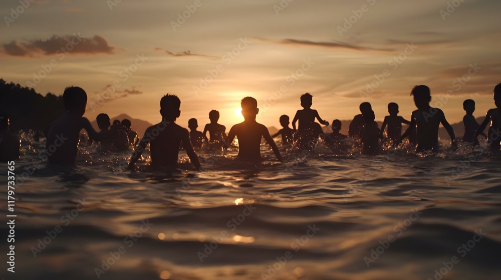 Joyful silhouettes of children splashing in the water at sunset, capturing carefree summer moments and the essence of childhood playfulness. Joyful silhouettes of children splashing in the water at sunset, capturing carefree summer moments and the essence of childhood playfulness.