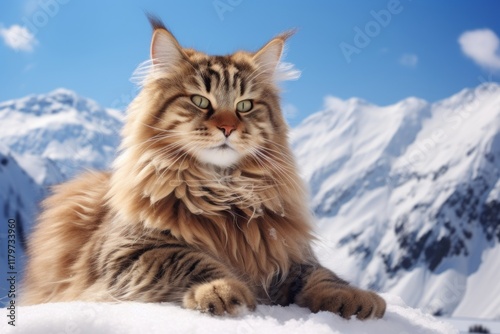 Portrait of a happy laperm cat over pristine snowy mountain photo