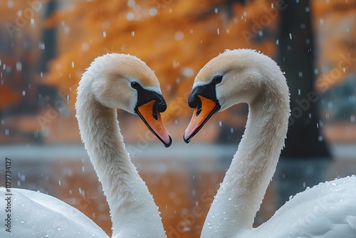 Romantic Swan Pairing in Autumn Rain for Nature Lovers and Decor photo