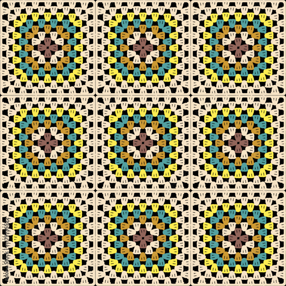 Pattern with crochet granny square wallpaper handmade decorative art design print Pattern with crochet granny square wallpaper handmade decorative art design print