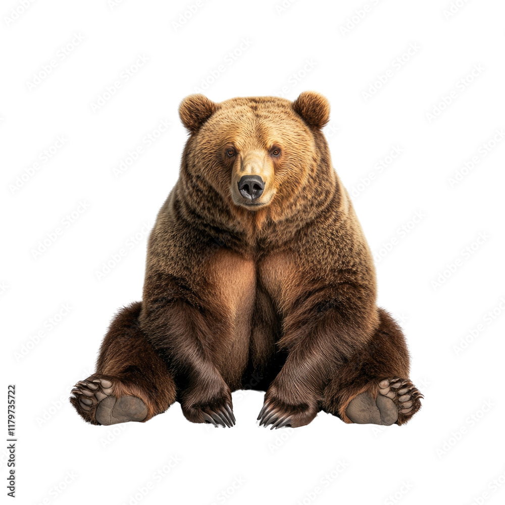 Detailed Close-Up of a Realistic Bear Sitting on a White Background with a Soft Expression and Fluffy Fur Texture