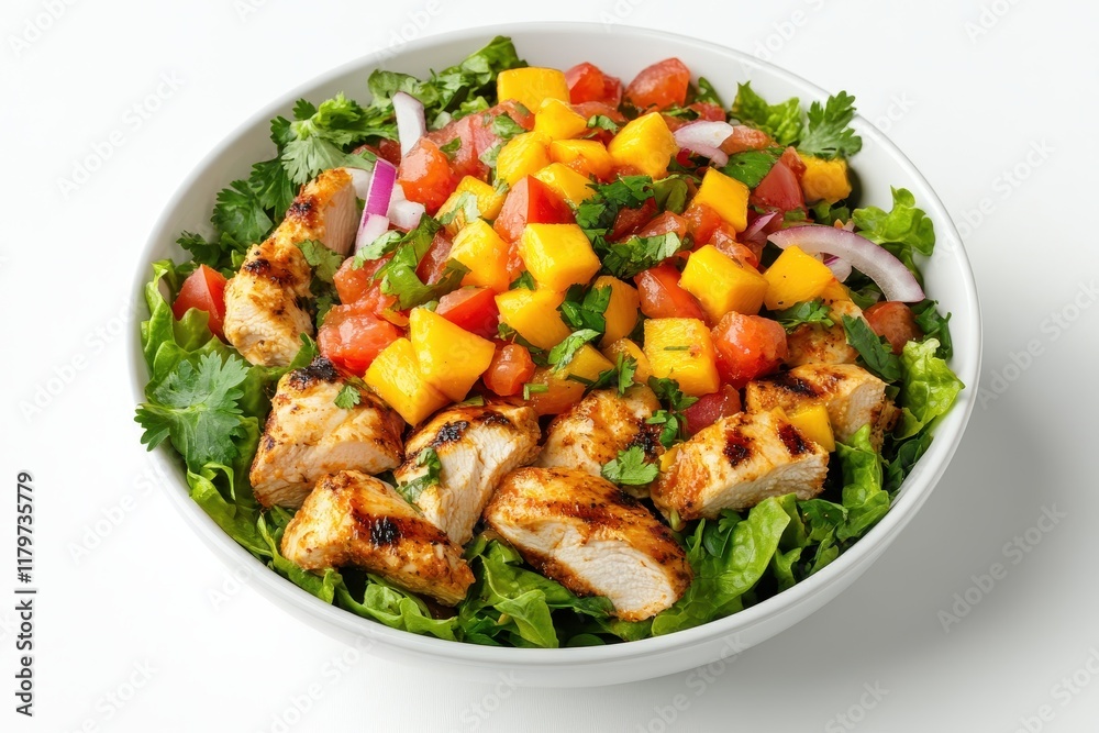 Delicious Tex Mex salad featuring grilled chicken mango spicy salsa tomatoes cilantro red onion and lettuce shot from above on a white table Delicious Tex Mex salad featuring grilled chicken mango spicy salsa tomatoes cilantro red onion and lettuce shot from above on a white table