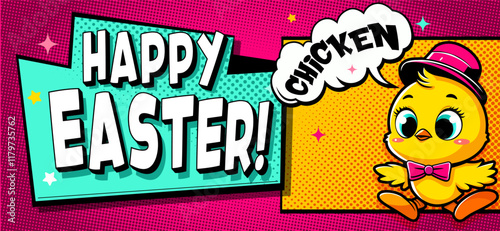 Easter greeting card. Easter Illustration. Festive Easter Design. Easter Holiday Greeting Card. Easter Vector Art. Easter chicken Illustration. Easter Art. Comics style. Easter pop art. Easter Flyer