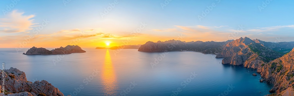 Breathtaking panoramic view of a serene seascape as the sun sets behind rugged coastal cliffs. Golden light reflects off the calm water, creating a tranquil and picturesque scene. Breathtaking panoramic view of a serene seascape as the sun sets behind rugged coastal cliffs. Golden light reflects off the calm water, creating a tranquil and picturesque scene.