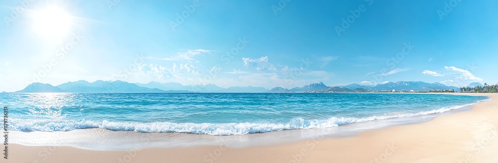 Panoramic view of a serene beach with golden sand, clear blue waters, and distant mountains under a bright blue sky, creating a peaceful and inviting tropical seascape. Panoramic view of a serene beach with golden sand, clear blue waters, and distant mountains under a bright blue sky, creating a peaceful and inviting tropical seascape.