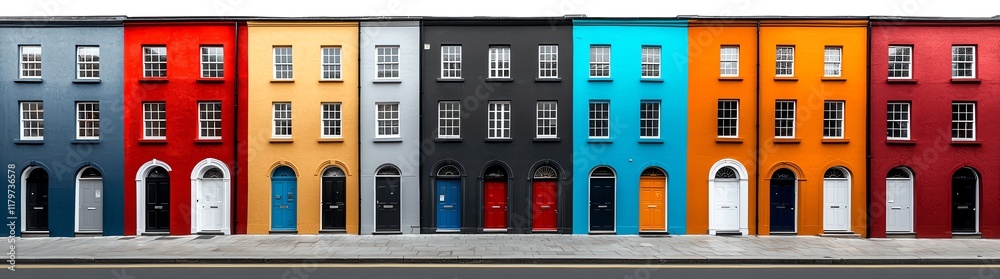 Naklejka premium A vibrant row of colorful townhouses line the street, each painted in a unique hue