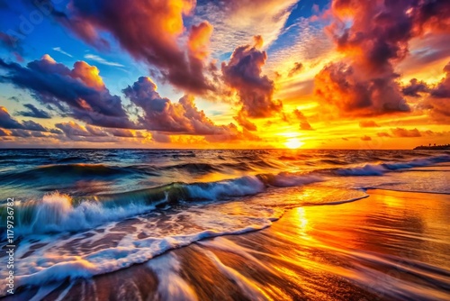 Long Exposure Sunset Ocean Painting, Vibrant Coastal Art, Dramatic Sky, Golden Hour Seascape