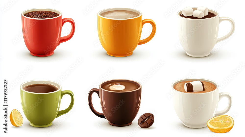 Obraz premium Cups of coffee, tea and cocoa top view. Vector realistic set of hot drinks in mugs, espresso, green tea and black with lemon, chocolate with milk and marshmallow isolated on white background