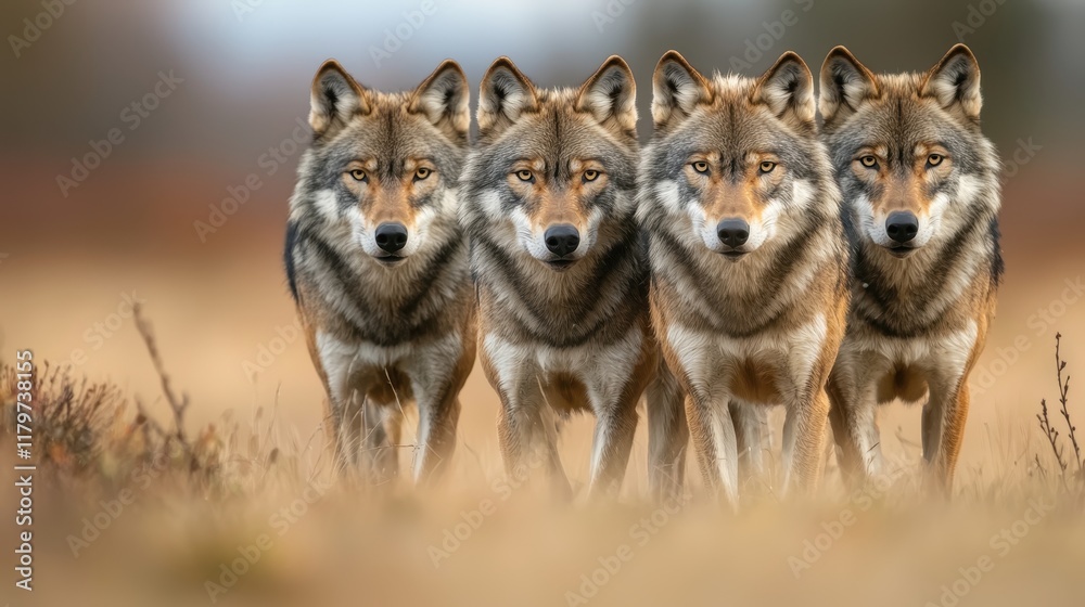Obraz premium Four wolves stand in a line, showcasing their keen eyes and strong posture in a natural, open landscape.