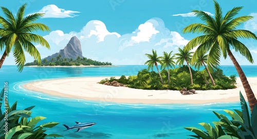 A secluded tropical island with clear water whitesand beaches and palm trees