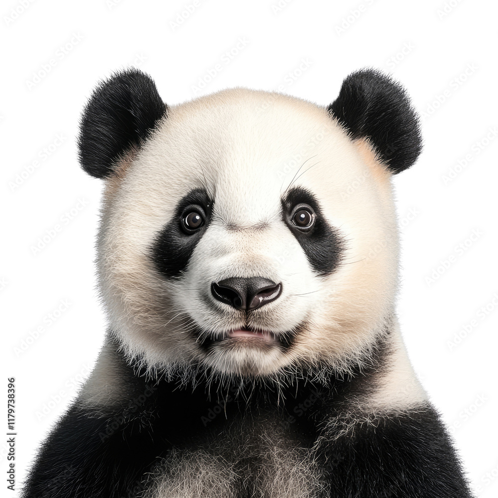 Adorable Close-Up of a Young Panda with Expressive Eyes and Furry Coat on a Solid Background Adorable Close-Up of a Young Panda with Expressive Eyes and Furry Coat on a Solid Background